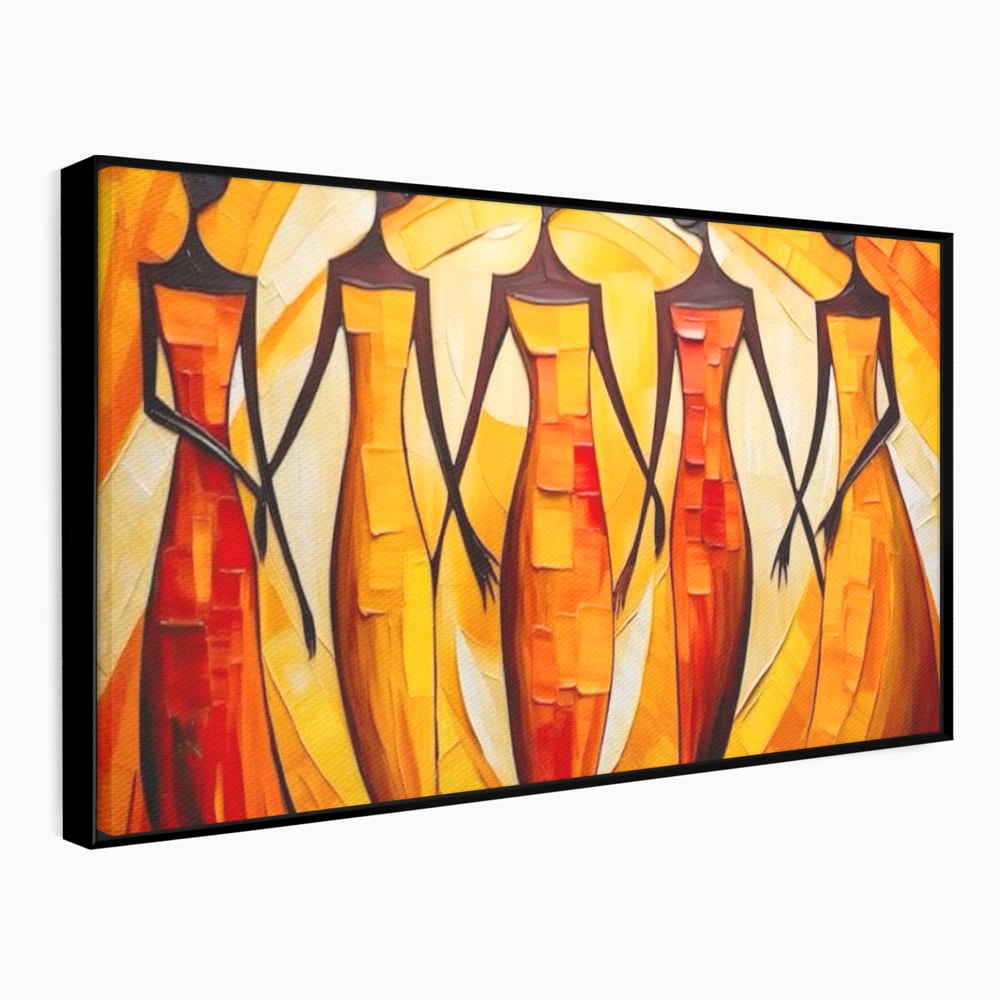 Tablou canvas cu pictura abstracta cu cinci femei stilizate, in rama de aluminiu negru